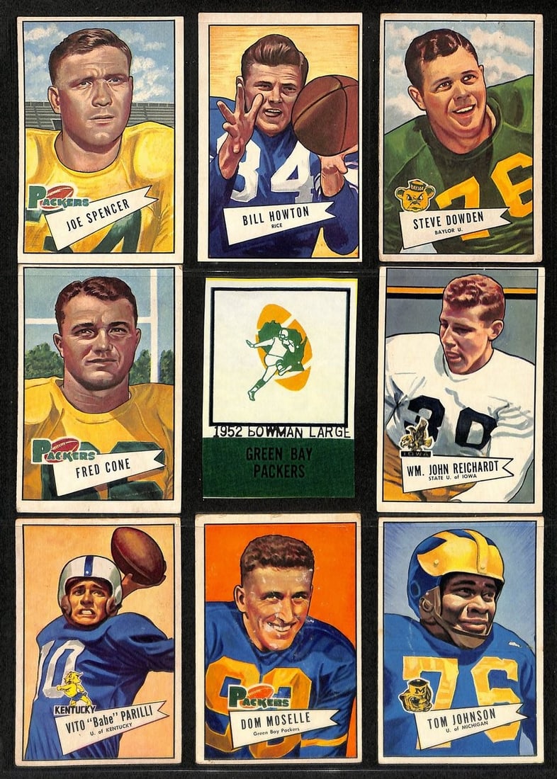 1952 Bowman Green Bay Packers Football Card Set of 9: 1952 Bowman Green Bay Packers Football Card Set of 9 This listing features an original 1952 Bowman Large Football Cards Green Bay Packers Partial Team Set consisting of 9 cards. Released in both 'Smal