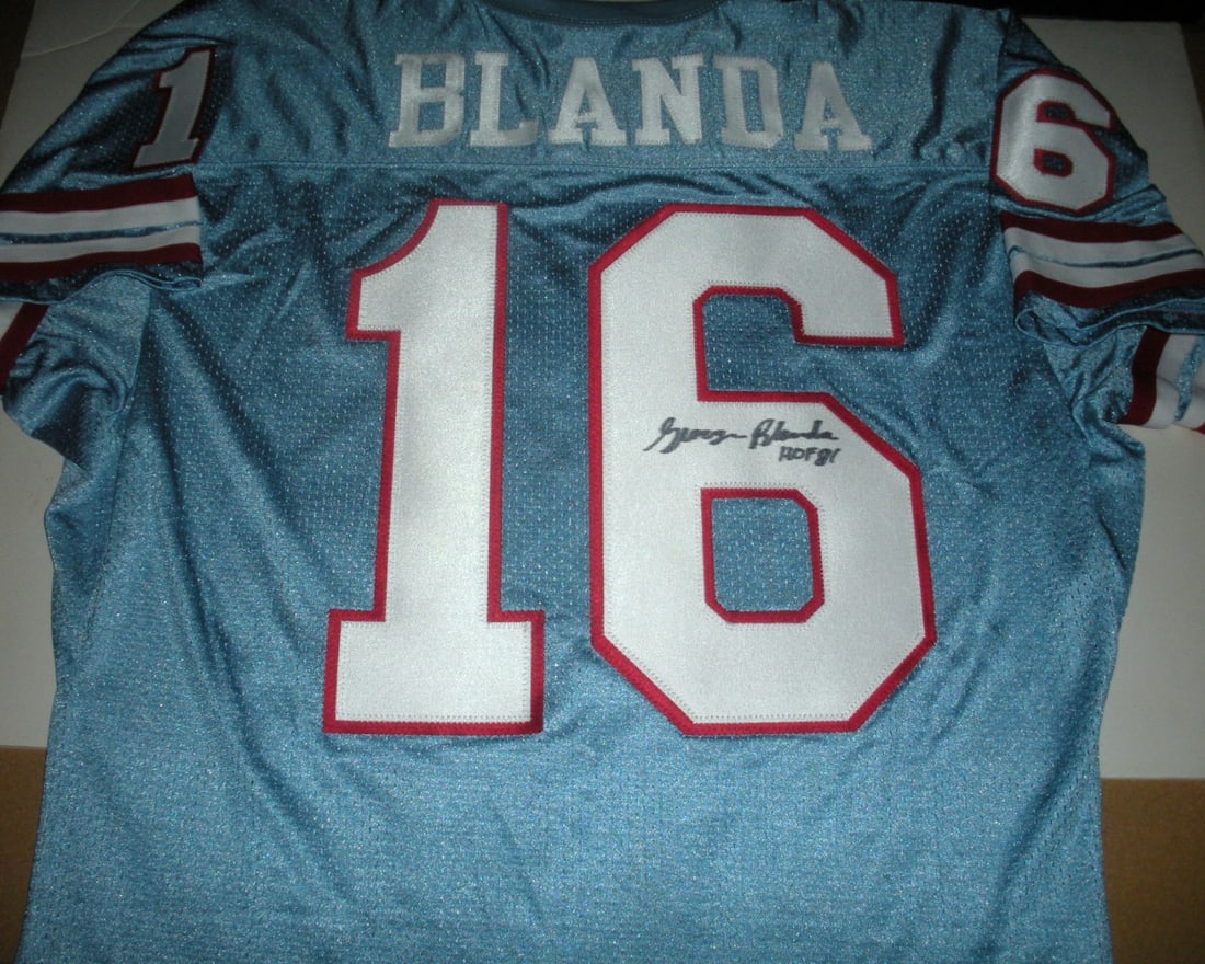 Signed Rawlings Houston Oilers Jersey George Blanda With COA Rare Collectible: Signed Rawlings Houston Oilers Jersey George Blanda With COA Rare Collectible This is an official licensed Rawlings jersey signed by George Blanda of the Houston Oilers. The jersey is classified as a 