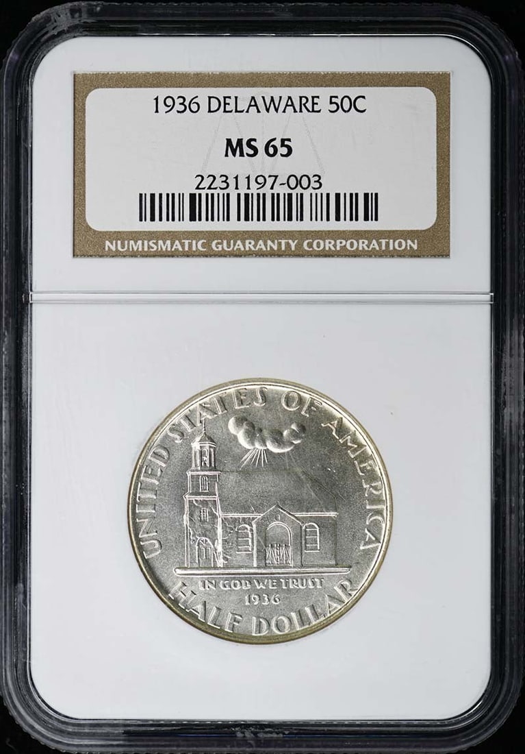 1936 Delaware 50C NGC MS65 Silver Commemorative: 1936 Delaware 50C NGC MS65 Silver Commemorative This is a 1936 Delaware Silver Commemorative Half Dollar graded MS65 by NGC. Struck in Philadelphia, this uncirculated coin commemorates Delaware and is