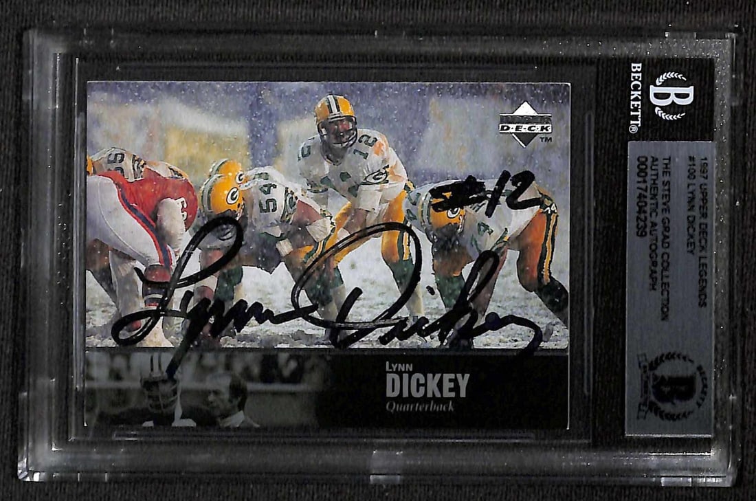 Lynn Dickey Signed 1997 Upper Deck Legends #100 Football Card Beckett Authenticated: Lynn Dickey Signed 1997 Upper Deck Legends #100 Football Card Beckett Authenticated This is a signed sports trading card from the 1997 Upper Deck Legends set, featuring Lynn Dickey, the former Green B