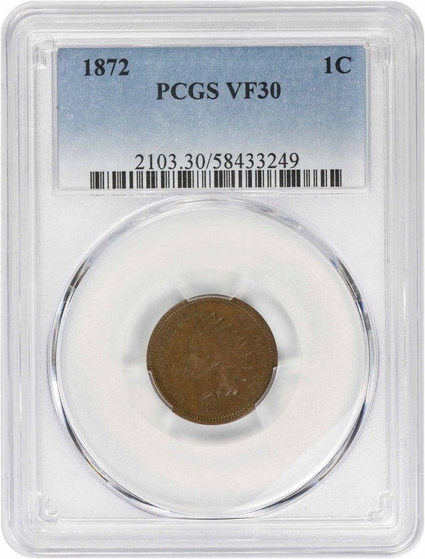 1872 Indian Head Small Cent Certified by PCGS VF30: 1872 Indian Head Small Cent Certified by PCGS VF30 This 1872 Indian Head Cent is graded VF30 by PCGS and was minted in Philadelphia. Designed by James Barton Longacre, it features a composition of 95%