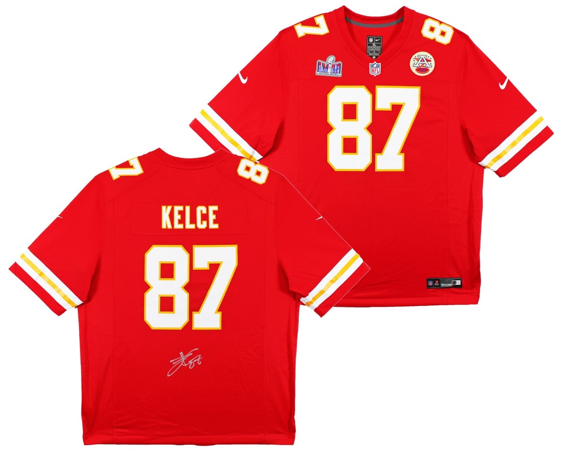 Travis Kelce Signed Red Nike Jersey with Super Bowl LVIII Patch BAS Authenticated: Travis Kelce Signed Red Nike Jersey with Super Bowl LVIII Patch BAS Authenticated Celebrate your fandom with this original, autographed red Nike game jersey signed by Travis Kelce of the Kansas City C