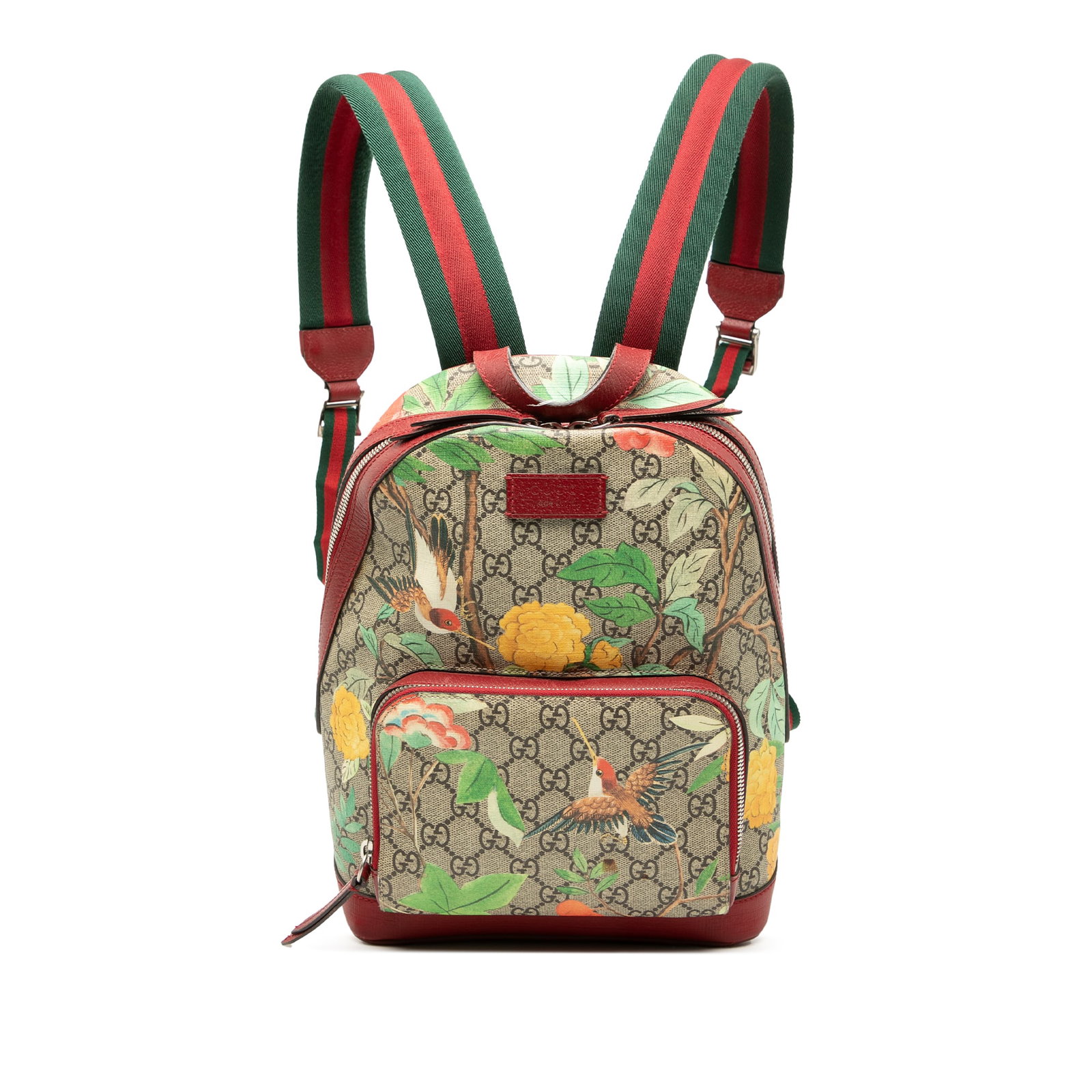 Gucci GG Supreme Tian Print Small Brown Backpack with Web Stripe: Gucci GG Supreme Tian Print Small Brown Backpack with Web Stripe This Gucci Small GG Supreme Web Tian Backpack features a printed coated canvas body with leather trim, a flat leather top handle, flat 