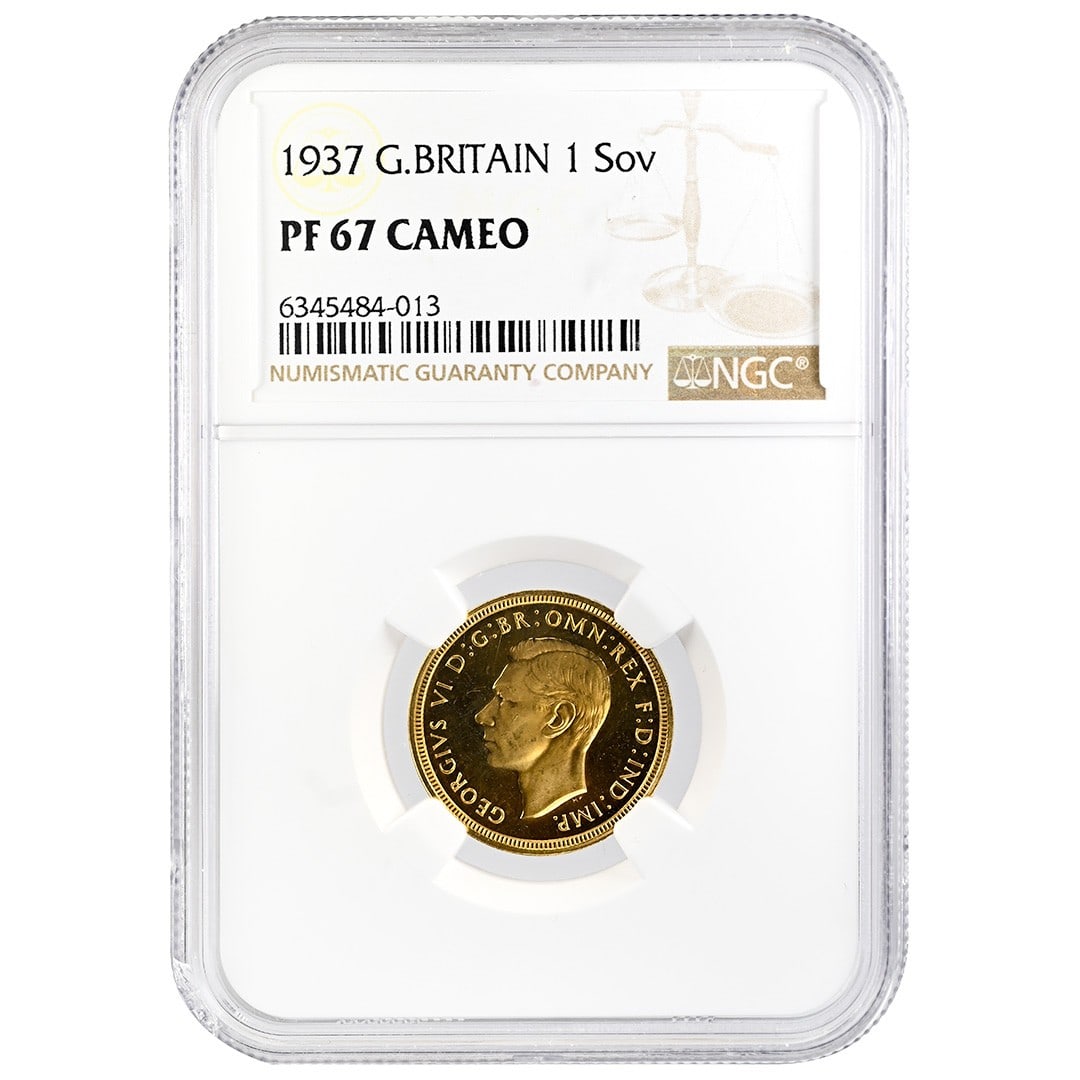 1937 Great Britain Gold Sovereign NGC PF67 Cameo George VI: 1937 Great Britain Gold Sovereign NGC PF67 Cameo George VI This 1937 Great Britain 1 Sovereign gold coin features King George VI and is graded PR67CAMEO by NGC. The coin is uncirculated and comes with