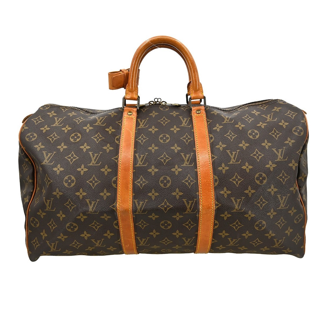 Keepall Brown Canvas Travel Bag by Louis Vuitton: Keepall Brown Canvas Travel Bag by Louis Vuitton This Louis Vuitton Keepall Bag features the iconic monogram canvas in brown and is suitable for unisex use. The bag shows signs of use, including scuff