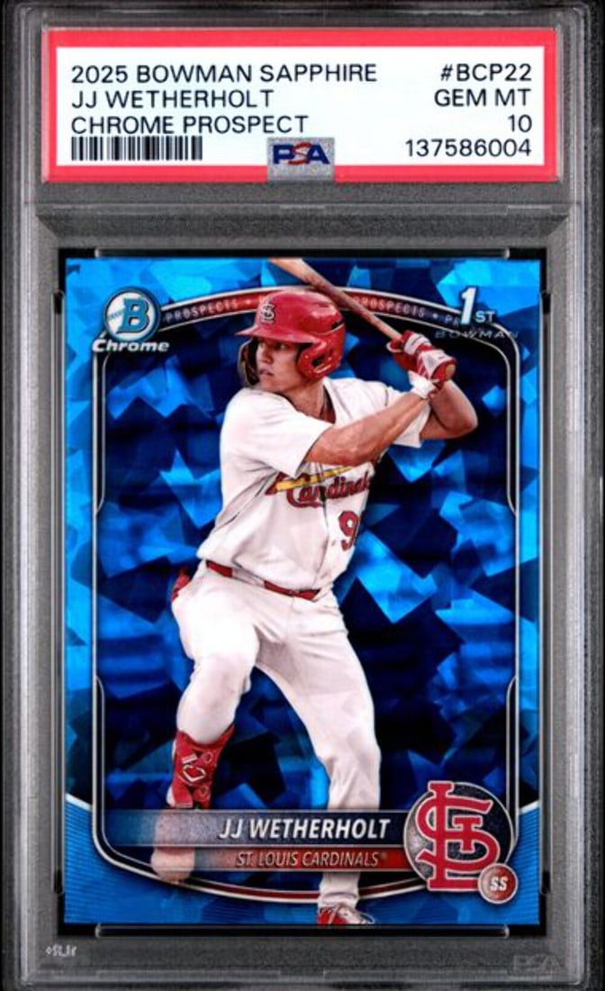 PSA 10 2025 Bowman Sapphire JJ Wetherholt Chrome Pros Rookie Card: PSA 10 2025 Bowman Sapphire JJ Wetherholt Chrome Pros Rookie Card This is an original 2025 Bowman Sapphire Chrome Pros rookie card featuring JJ Wetherholt of the St. Louis Cardinals. The card is profe