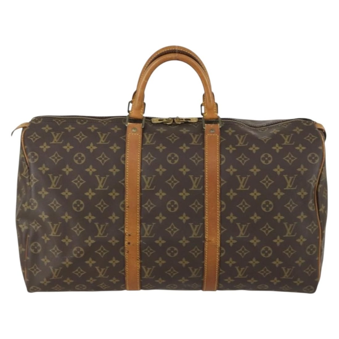 Louis Vuitton Keepall Monogram Canvas Travel Bag 50cm: Louis Vuitton Keepall Monogram Canvas Travel Bag 50cm This Louis Vuitton Keepall bag features the iconic Monogram canvas in brown, designed for unisex use. The bag shows visible wear and rubbing on th