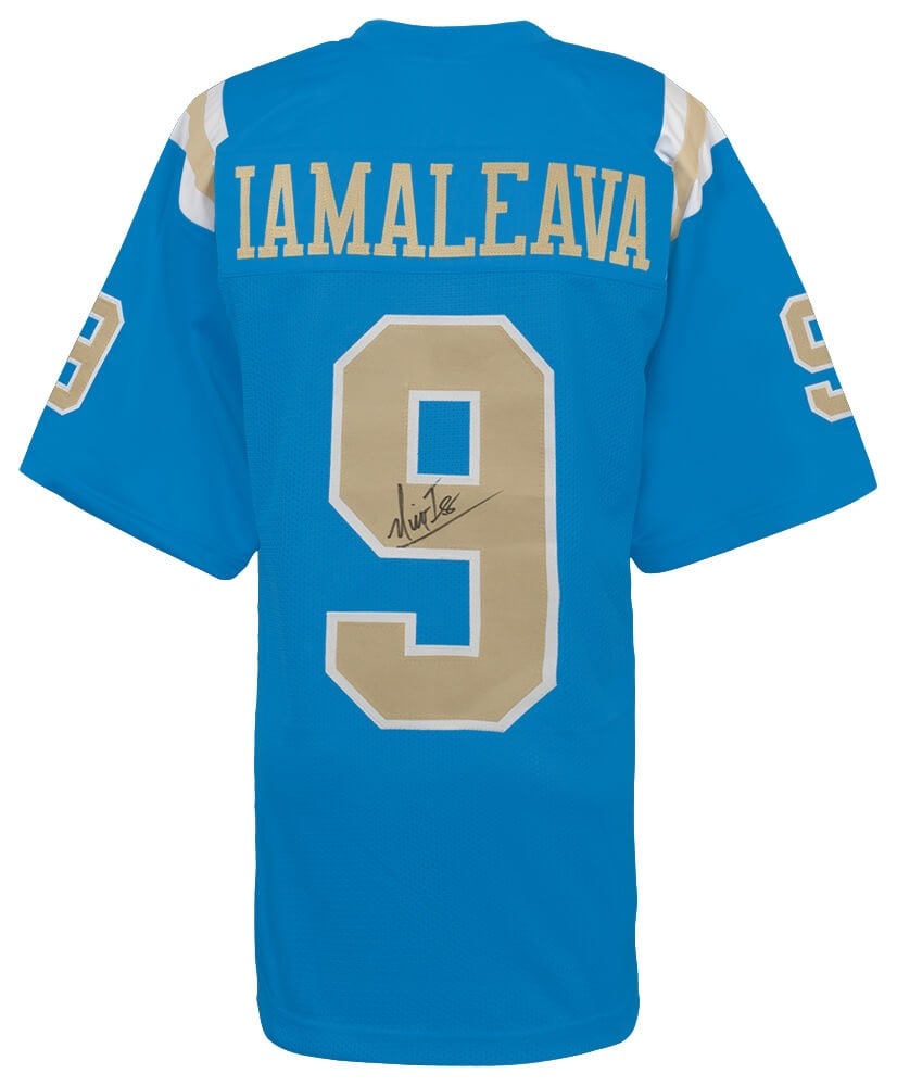 Nico Iamaleava Signed UCLA Bruins Blue Football Jersey with COA: Nico Iamaleava Signed UCLA Bruins Blue Football Jersey with COA This is a blue custom college football jersey signed by Nico Iamaleava, showcasing his affiliation with the UCLA Bruins. The jersey is a
