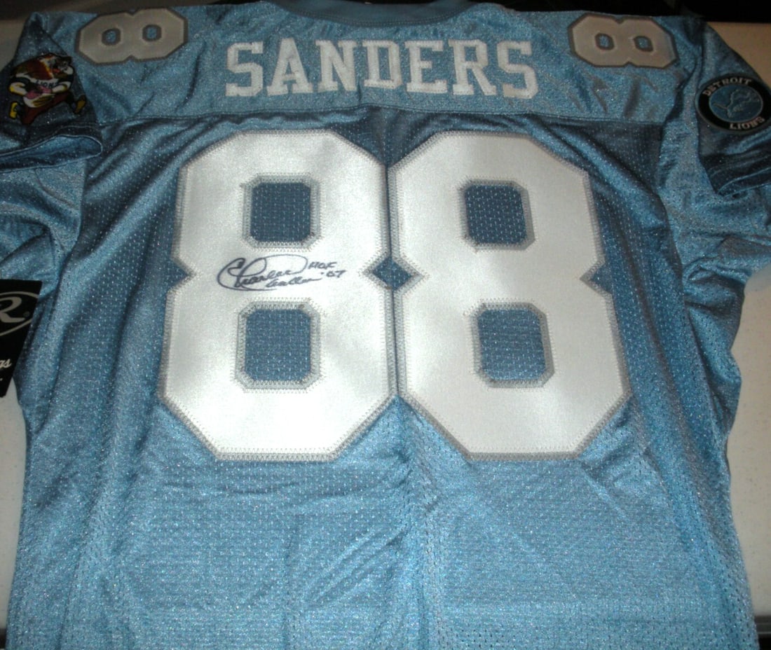 Signed Rawlings Jersey Detroit Lions Charlie Sanders With COA: Signed Rawlings Jersey Detroit Lions Charlie Sanders With COA This is an officially licensed Rawlings jersey signed by Charlie Sanders of the Detroit Lions. The jersey comes with a certificate of auth