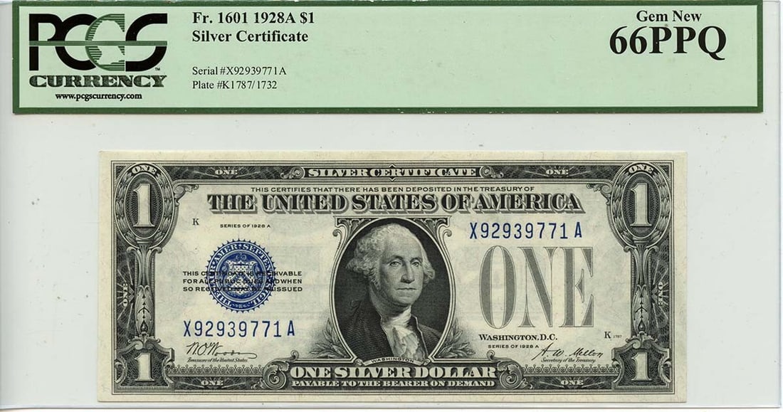 1928A $1 Silver Certificate Fr# 1601 XA PCGS Gem66 PPQ Uncirculated: 1928A $1 Silver Certificate Fr# 1601 XA PCGS Gem66 PPQ Uncirculated This 1928A $1 Silver Certificate is graded PCGS Gem66 PPQ, ensuring its exceptional quality and preservation. Issued in 1928, this c