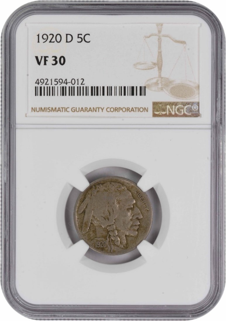NGC VF30 1920-D Buffalo 5C Nickel Coin: NGC VF30 1920-D Buffalo 5C Nickel Coin This is a 1920-D Buffalo Nickel graded VF30 by NGC. The coin is circulated and features the iconic Buffalo design. It is composed of nickel and originates from t
