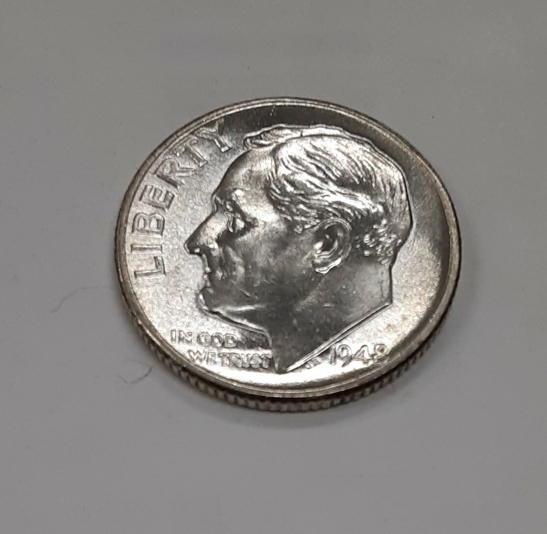 1948 Roosevelt Silver Dime DDR FS-801 Stage B Uncirculated GEM: 1948 Roosevelt Silver Dime DDR FS-801 Stage B Uncirculated GEM This 1948 Roosevelt Silver Dime features the DDR Doubled Die FS-801 Stage B variety. Struck in Philadelphia, the coin is composed of 90% 