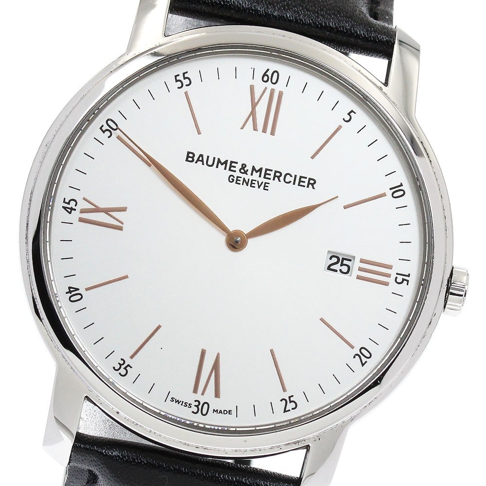 Baume Mercier Classima quartz date men's wristwatch: Baume Mercier Classima quartz date men's wristwatch This Baume & Mercier Classima Date Quartz men's wristwatch features a stainless steel case and a silver dial, complemented by an un-used non-OEM lea
