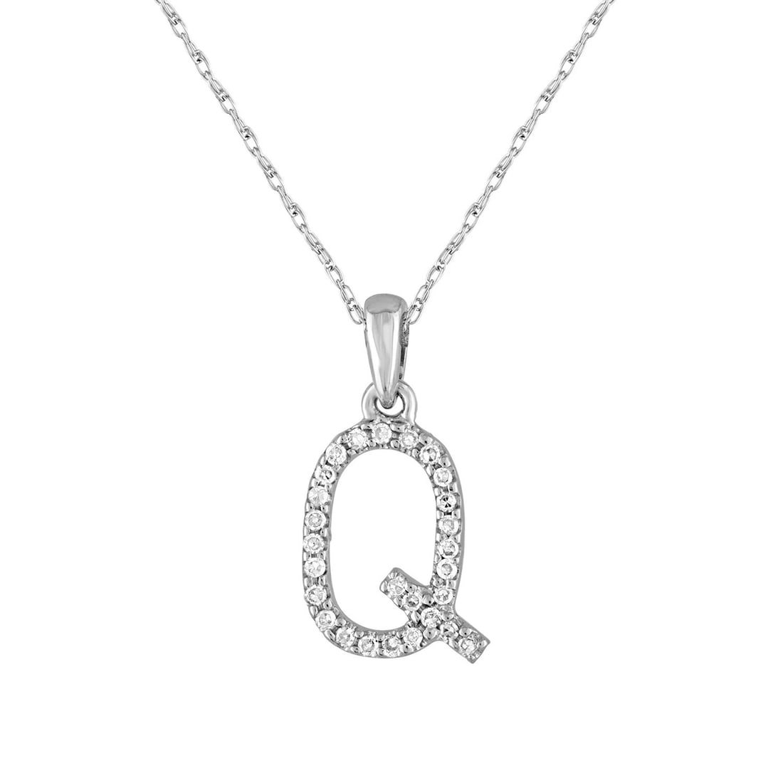 Sabrina Designs 14K White Gold Diamond Q Pendant Necklace: Sabrina Designs 14K White Gold Diamond Q Pendant Necklace This pre-owned necklace features a diamond initial "Q" pendant crafted in 14K white gold. The necklace is designed for unisex wear and showcas