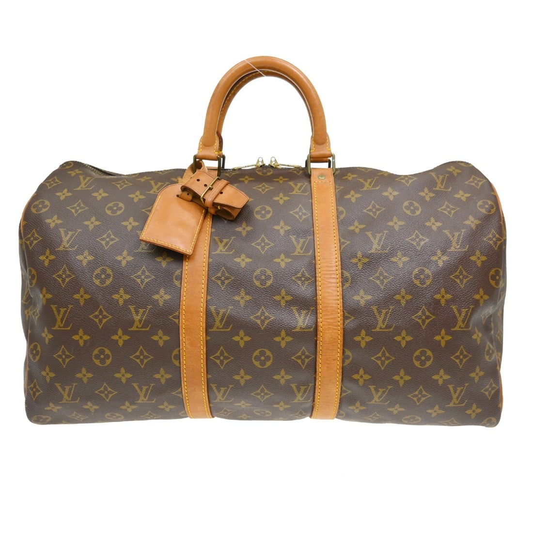 Keepall Monogram Canvas Travel Bag by Louis Vuitton: Keepall Monogram Canvas Travel Bag by Louis Vuitton This Louis Vuitton Keepall Bag features the iconic monogram canvas in brown, designed for unisex use. The bag displays visible signs of wear, includ