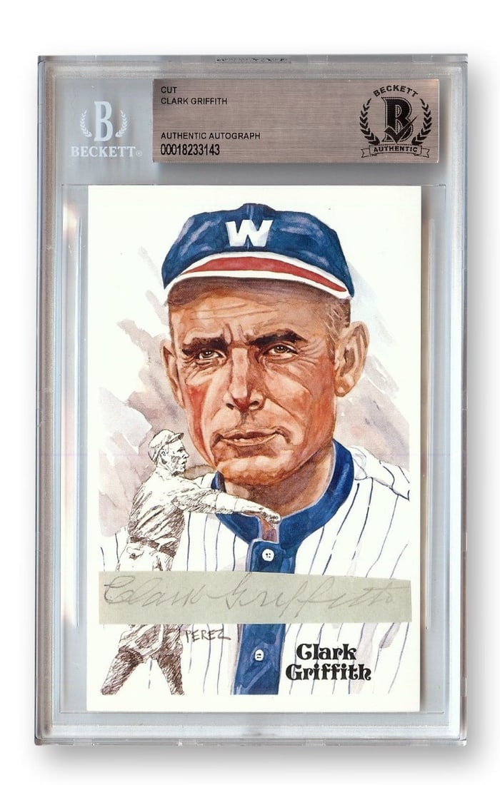 Clark Griffith Autographed Cut Signature with Beckett Authentication: Clark Griffith Autographed Cut Signature with Beckett Authentication This is an original cut signature of Clark Griffith, a legendary player associated with the Washington Senators. The autograph has 
