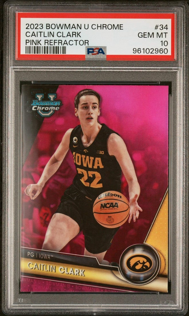 2023 Bowman U Chrome Caitlin Clark #34 Pink REF RC Card PSA 10: 2023 Bowman U Chrome Caitlin Clark #34 Pink REF RC Card PSA 10 This is a graded 2023 Bowman U Chrome Caitlin Clark #34 Pink REF RC Basketball Card, featuring the star athlete from the Iowa Hawkeyes. T