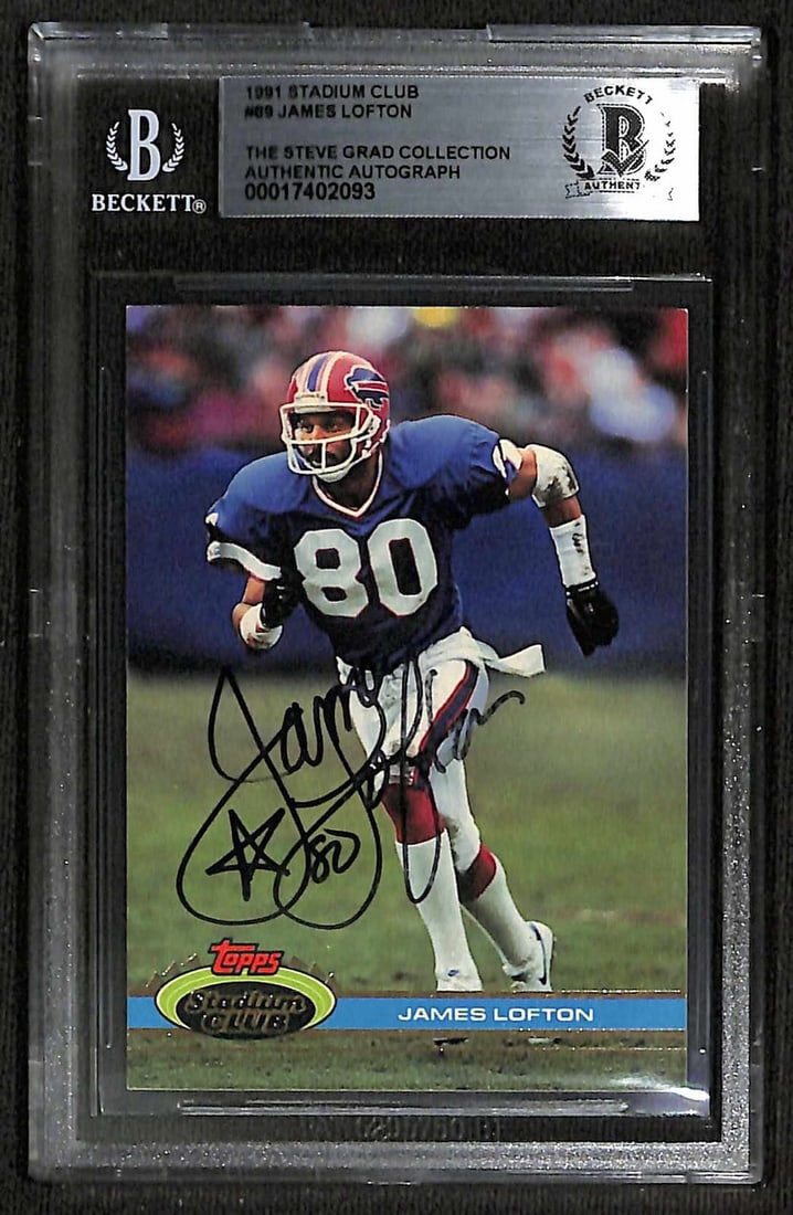 James Lofton Signed 1991 Stadium Club Card Beckett Authenticated: James Lofton Signed 1991 Stadium Club Card Beckett Authenticated This is an autographed 1991 Stadium Club #89 sports trading card featuring James Lofton, the renowned Buffalo Bills Wide Receiver. The 