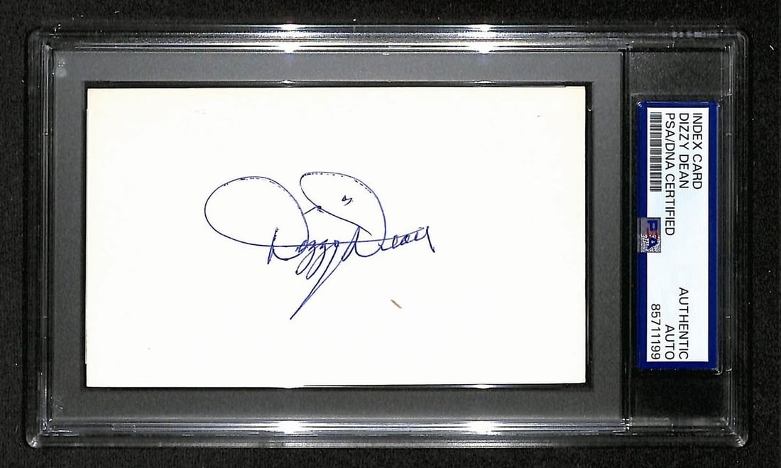Dizzy Dean Hall of Fame 3x5 Signed Index Card PSA DNA Authenticated: Dizzy Dean Hall of Fame 3x5 Signed Index Card PSA DNA Authenticated This is an original 3x5 index card that has been signed by Hall of Famer Dizzy Dean. The autograph has been authenticated by PSA/DNA