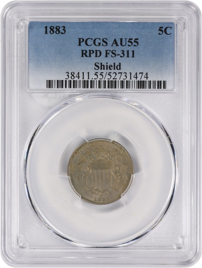 1883 Shield Nickel RPD AU55 PCGS Certified 5C Coin: 1883 Shield Nickel RPD AU55 PCGS Certified 5C Coin This 1883 Shield Nickel is a remarkable piece from the Philadelphia Mint, certified by PCGS with a grade of AU55. With a composition of 75% copper an