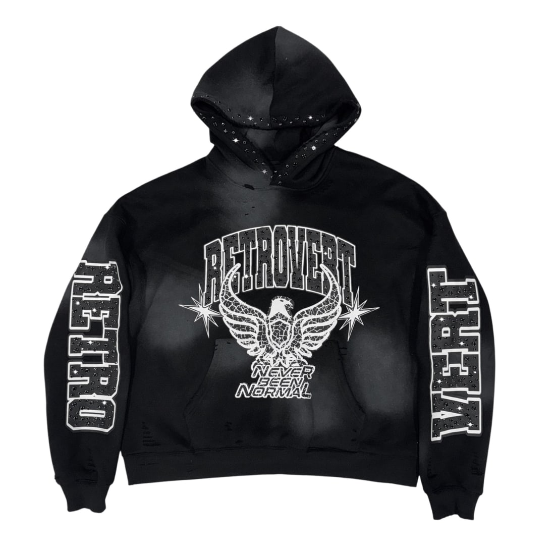 Black Hoodie with Retrovert Eagle and Star Rhinestone Embellishments: Black Hoodie with Retrovert Eagle and Star Rhinestone Embellishments This black hoodie features Retrovert's signature eagle design adorned with shimmering rhinestones and a star motif, combining vinta