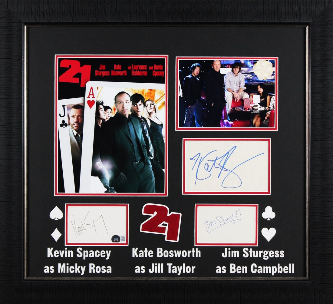 21 Framed Display Signed by Spacey Sturgess Bosworth BAS Authenticated: 21 Framed Display Signed by Spacey Sturgess Bosworth BAS Authenticated This is an authentic signed framed display featuring photographs of Kevin Spacey, Jim Sturgess, and Kate Bosworth from the film "