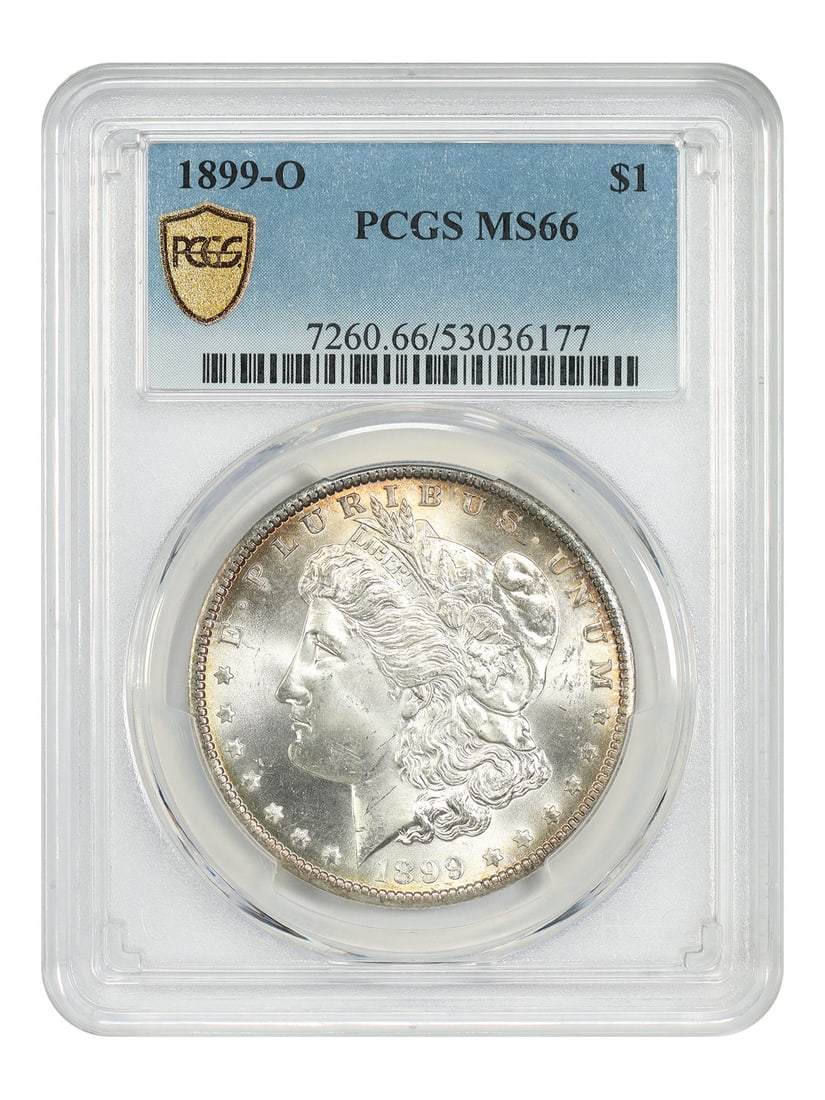 PCGS MS66 1899 New Orleans Morgan Silver Dollar: PCGS MS66 1899 New Orleans Morgan Silver Dollar This is an 1899-O Morgan Dollar graded MS66 by PCGS. Minted in New Orleans, this uncirculated coin is part of the Morgan Dollar series and is highly reg