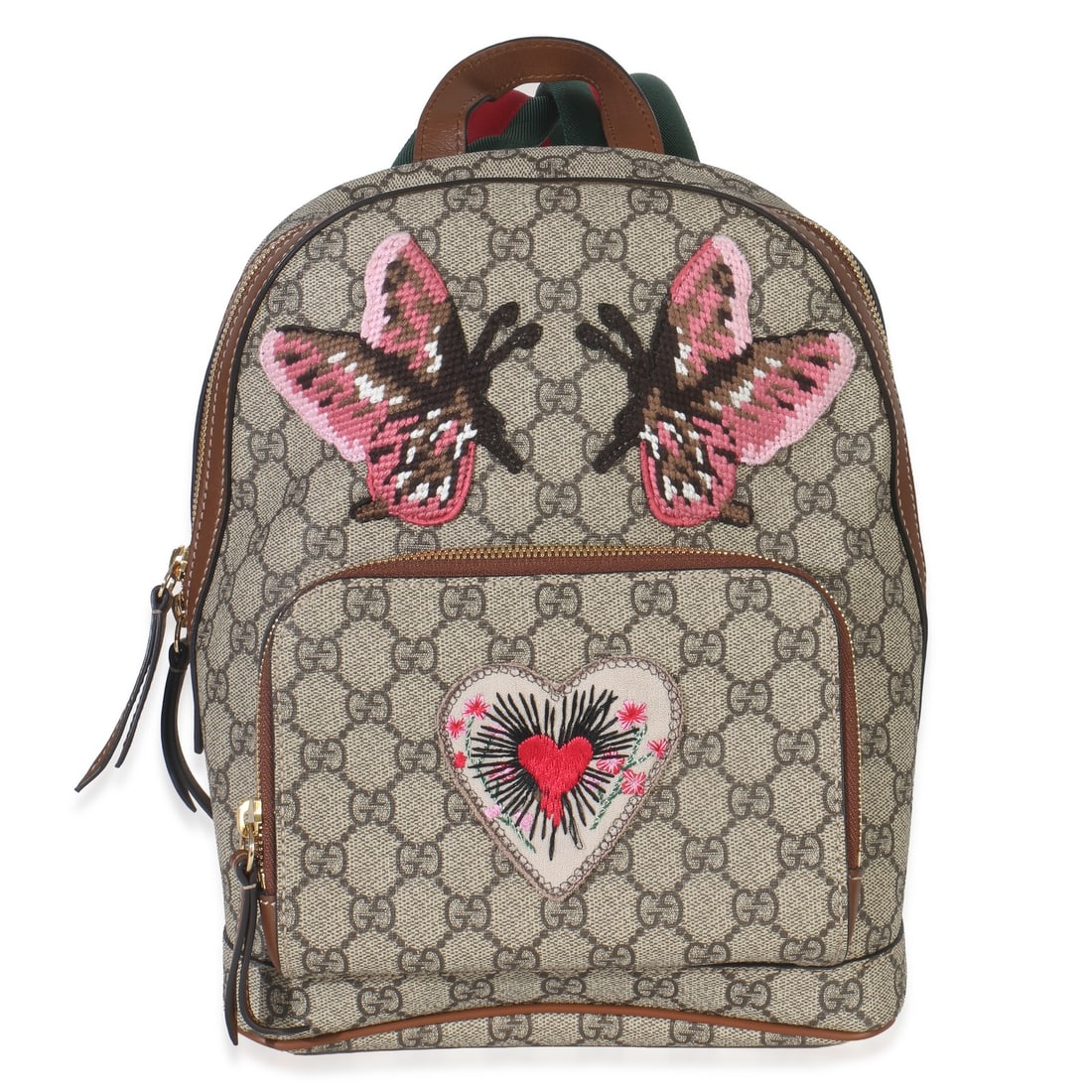 Small Day Backpack with Butterfly Embroidery in Beige GG Supreme Canvas: Small Day Backpack with Butterfly Embroidery in Beige GG Supreme Canvas This Gucci Small Day Backpack is crafted from beige GG Supreme canvas and features signature Web stripe and butterfly embroidery