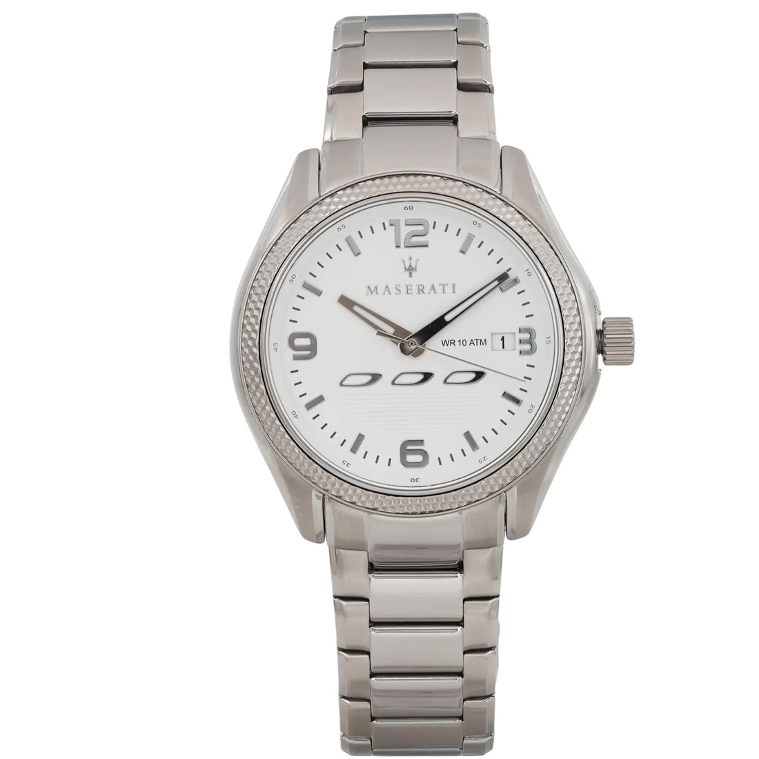 Maserati Sorpasso 45mm Quartz Men's Watch Silver Bezel Gray Bracelet: Maserati Sorpasso 45mm Quartz Men's Watch Silver Bezel Gray Bracelet The Maserati Sorpasso is a sophisticated men's wristwatch designed for formal occasions. With a striking white dial and a robust 45