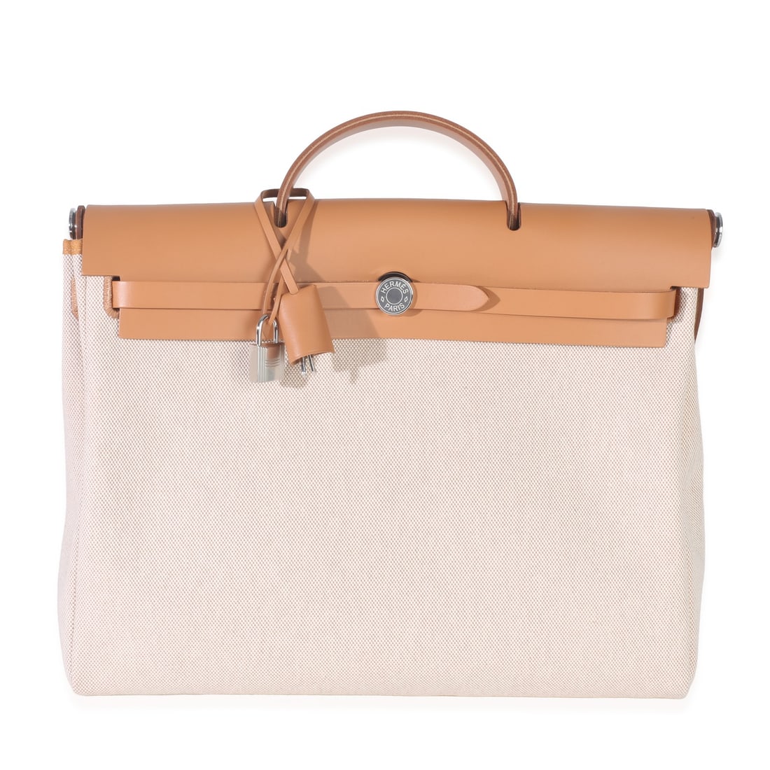 Herbag Messenger 39 Canvas Shoulder Bag in Beige by Hermes with Silver Hardware: Herbag Messenger 39 Canvas Shoulder Bag in Beige by Hermes with Silver Hardware This Hermes Herbag Messenger 39 is crafted from ecru beige canvas with natural sable tones and features silver-tone hard