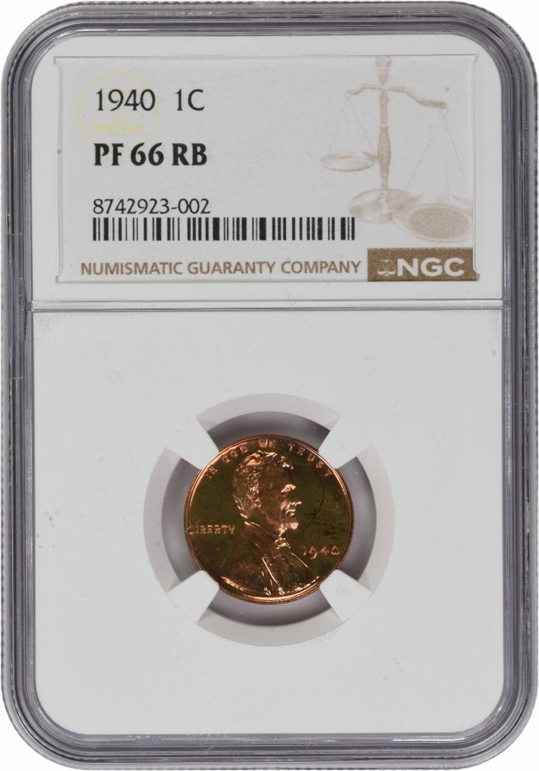 1940 Proof Lincoln Wheat Cent PR66RB Certified by NGC: 1940 Proof Lincoln Wheat Cent PR66RB Certified by NGC This is a 1940 Lincoln Wheat Cent, graded PR66RB by NGC. The coin is uncirculated, features a proof strike, and is composed of copper. It was mint