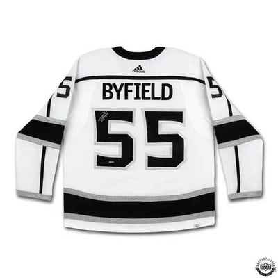 Los Angeles Kings Quinton Byfield UDA autographed white jersey: Los Angeles Kings Quinton Byfield UDA autographed white jersey This official white Kings jersey is autographed by Quinton Byfield. The jersey comes with a UDA sticker and a certificate of authenticity