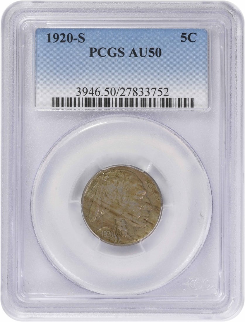 San Francisco 1920 Buffalo Nickel PCGS AU50 Graded Five Cent Coin: San Francisco 1920 Buffalo Nickel PCGS AU50 Graded Five Cent Coin This 1920-S Buffalo Nickel is graded AU50 by PCGS and was minted in San Francisco. Designed by James Earle Fraser, this pre-owned coin