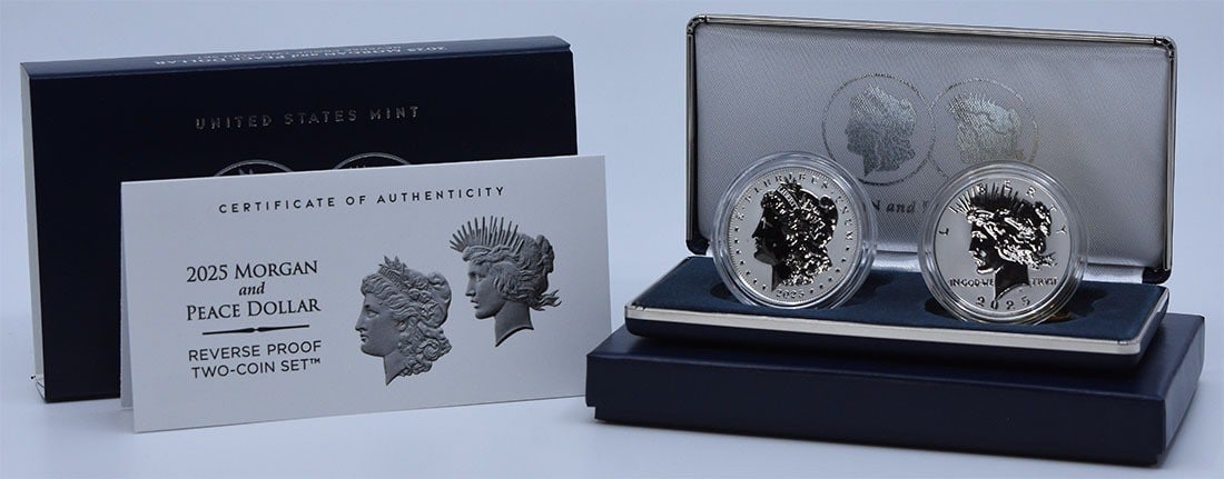Reverse Proof 2025 Silver Morgan and Peace Dollar Two-Coin Set in Original Packaging: Reverse Proof 2025 Silver Morgan and Peace Dollar Two-Coin Set in Original Packaging This 2025 Morgan and Peace Dollar Reverse Proof two-coin set features uncirculated coins composed of silver. Each c