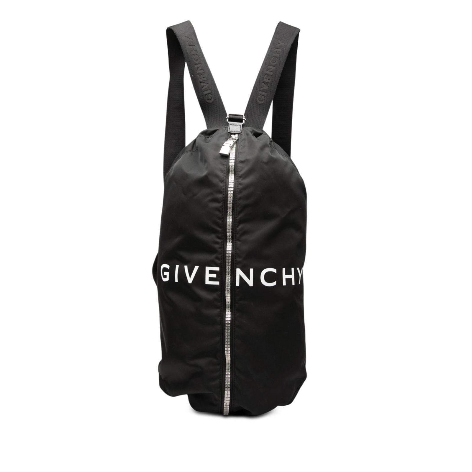 Givenchy Black Nylon G Zip Duffle Style Backpack with Leather Handle: Givenchy Black Nylon G Zip Duffle Style Backpack with Leather Handle This Givenchy Nylon G Zip Duffle Backpack features a black nylon body with a flat leather side handle, adjustable flat back straps,