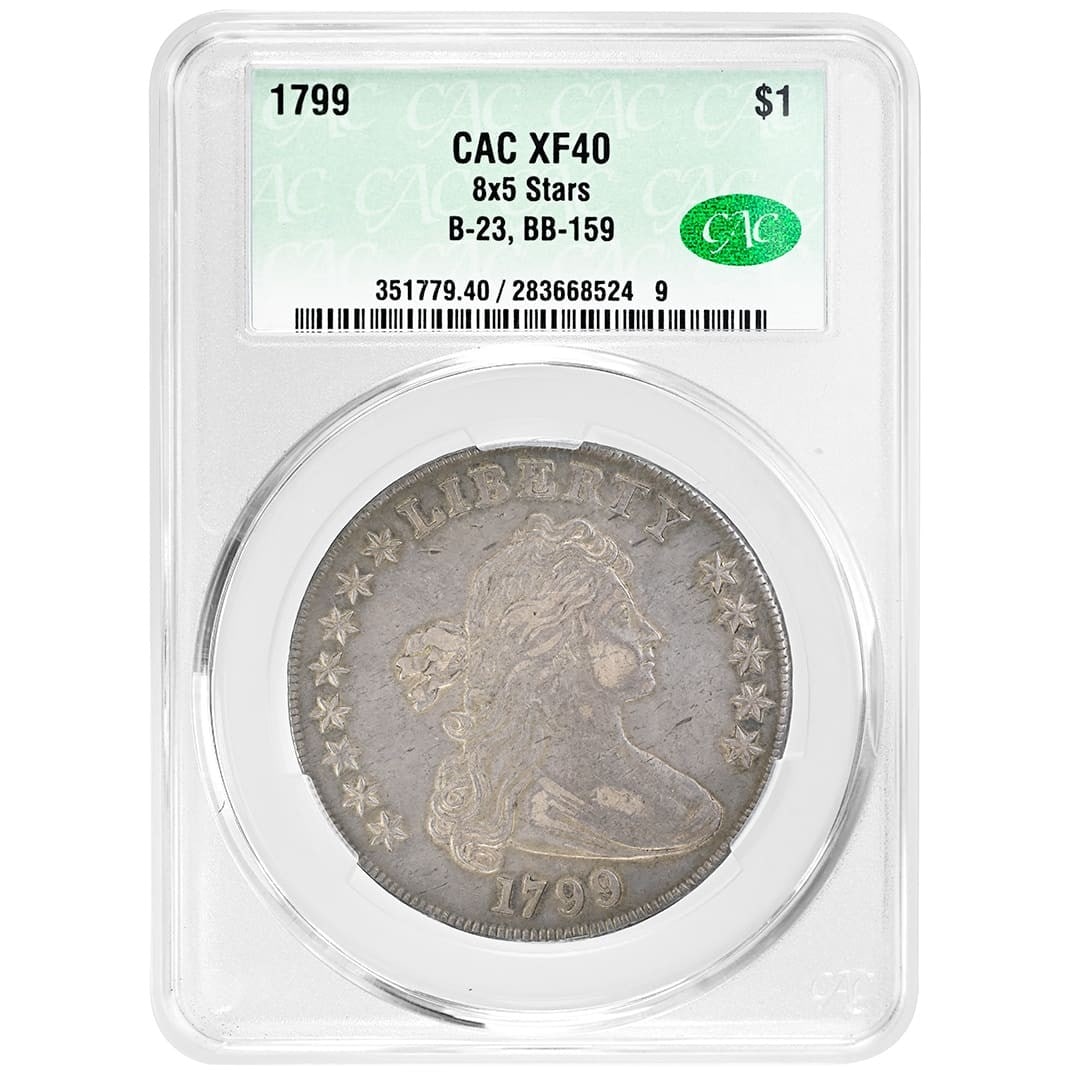 1799 Draped Bust Dollar CACG XF40 Silver Coin Obverse 8x5 Stars Variety: 1799 Draped Bust Dollar CACG XF40 Silver Coin Obverse 8x5 Stars Variety This 1799 Draped Bust Dollar is a rare and desirable coin featuring the obverse stars arranged in an 8x5 pattern, corresponding 
