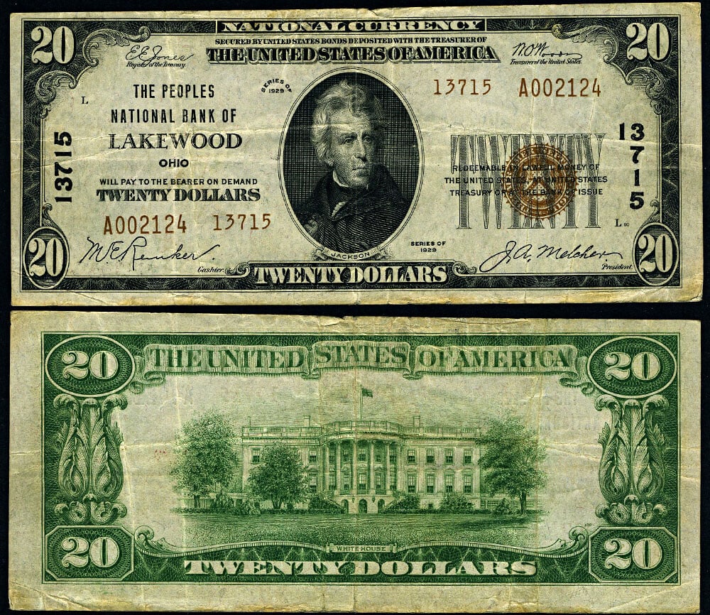 1929 T-2 $20 National Bank Note Lakewood Ohio Peoples NB: 1929 T-2 $20 National Bank Note Lakewood Ohio Peoples NB This 1929 T-2 National Bank Note from Lakewood, Ohio, features a denomination of $20. Graded as Very Fine (VF), this banknote exhibits even and