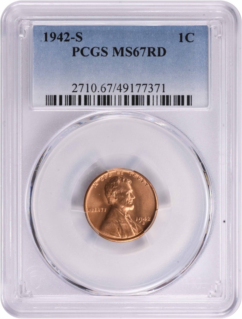 PCGS MS67RD 1942-S Lincoln Wheat Copper Cent: PCGS MS67RD 1942-S Lincoln Wheat Copper Cent This is a 1942-S Lincoln Wheat Cent graded MS67 Red by PCGS. The coin is uncirculated and composed of copper, originating from the United States. It featur