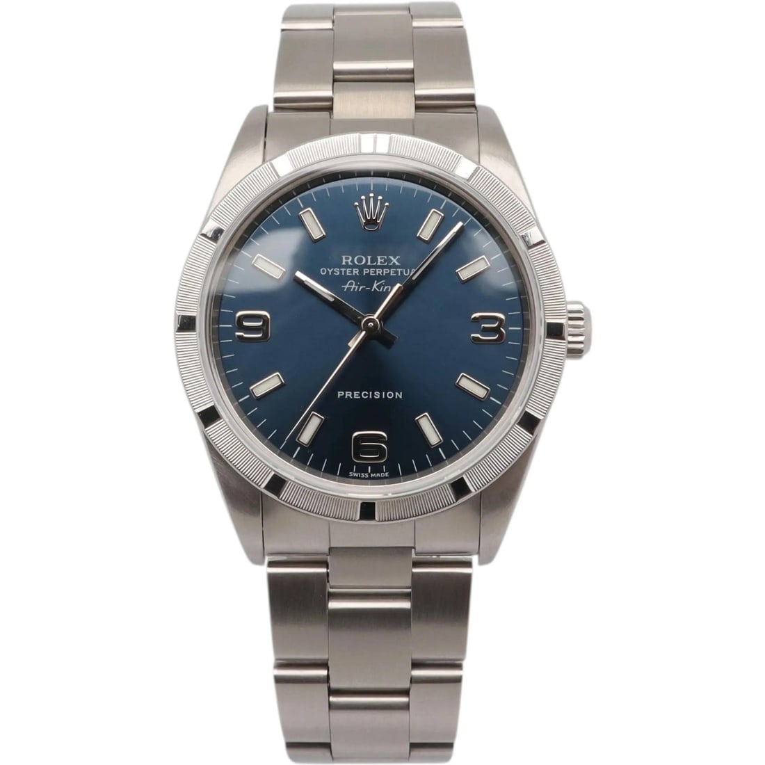 Air-King 14010 Blue Sunburst Dial 34mm Steel Automatic Men's Watch: Air-King 14010 Blue Sunburst Dial 34mm Steel Automatic Men's Watch This Rolex Air-King wristwatch for men features a 34mm round stainless steel case with a polished finish and an engine-turned fixed b