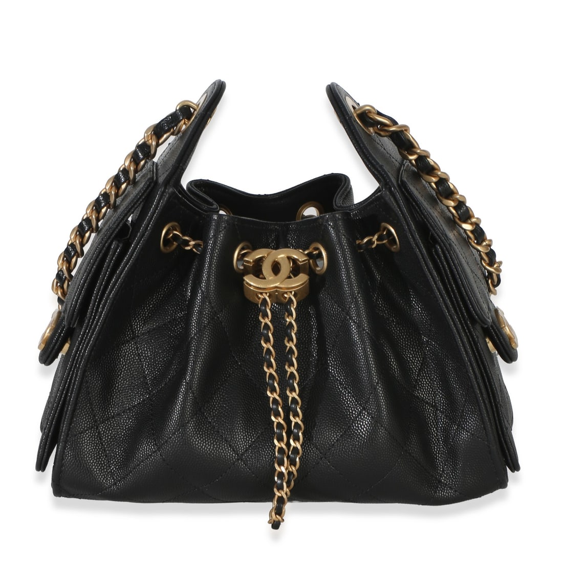 Chanel Mini 26P Black Quilted Caviar Leather Hobo Bag with Gold-Tone Hardware: Chanel Mini 26P Black Quilted Caviar Leather Hobo Bag with Gold-Tone Hardware This Chanel 26P Mini Hobo handbag features a black quilted caviar leather exterior and a drawstring closure. Designed in a