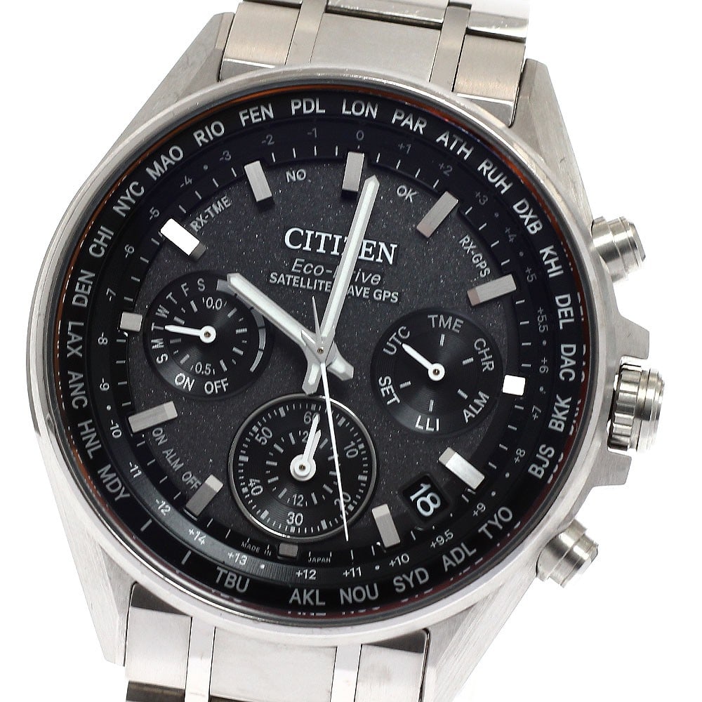 Citizen Attesa Satellite Wave titanium solar radio watch day date: Citizen Attesa Satellite Wave titanium solar radio watch day date This Citizen Attesa Satellite Wave men's wristwatch features a titanium case and bracelet with a gray dial. It is powered by a solar-p