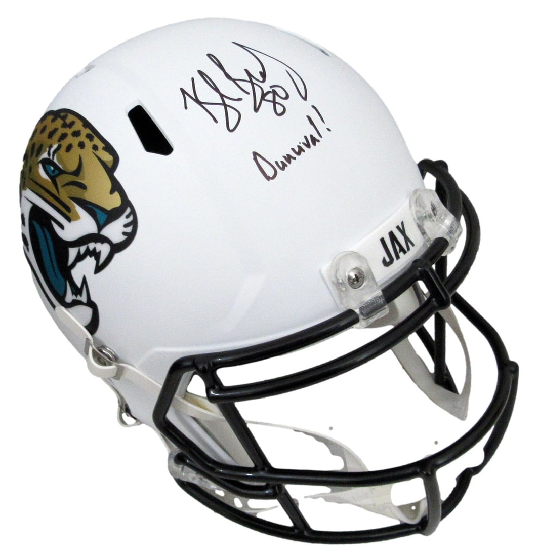 Kyle Brady Autographed White Full Size Jaguars Speed Replica Helmet JSA Witness: Kyle Brady Autographed White Full Size Jaguars Speed Replica Helmet JSA Witness This white full-size Speed replica football helmet features the autograph and inscription "Duuuval!" by Kyle Brady of th