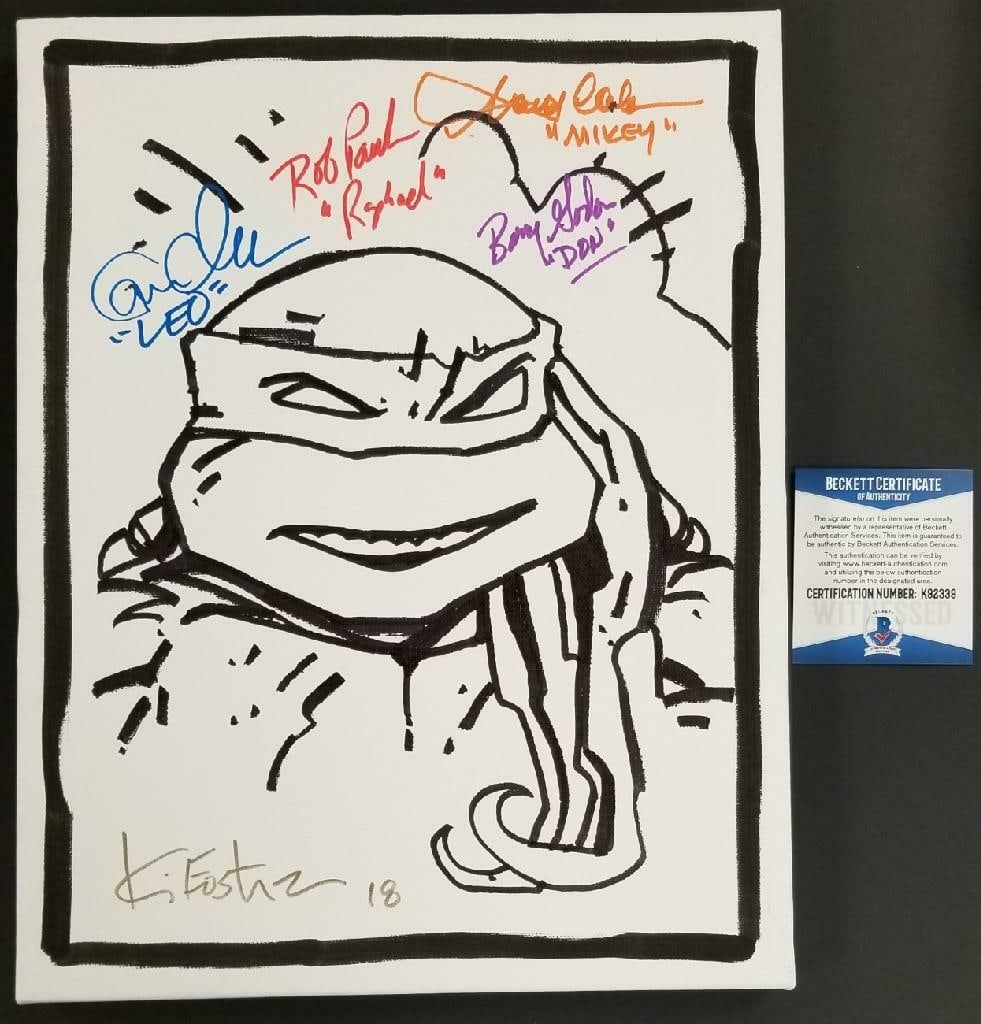 TMNT Cast Signed 11x14 Canvas Sketch with Five Autographs Beckett Authenticated: TMNT Cast Signed 11x14 Canvas Sketch with Five Autographs Beckett Authenticated This original 11x14 inch stretched canvas features a sketch from Teenage Mutant Ninja Turtles and is signed by five cast