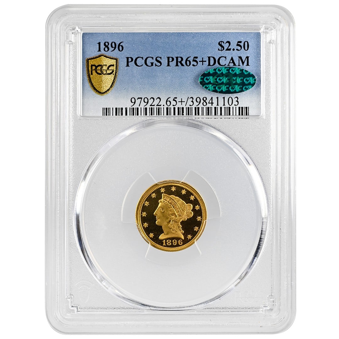PCGS CAC Liberty Head $2.50 Gold Proof PR65+DCAM 1896: PCGS CAC Liberty Head $2.50 Gold Proof PR65+DCAM 1896 This is a rare 1896 $2.50 Liberty Head gold coin graded PR65+DCAM by PCGS and approved by CAC. The coin features a proof cameo strike and is in un