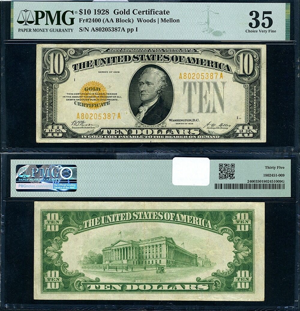 1928 $10 Gold Certificate PMG Choice VF35 FR 2400 (1 of 3)
