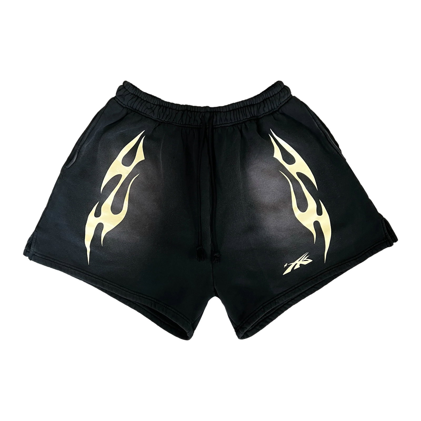 Large Black Flame Shorts by Hellstar Sports: Large Black Flame Shorts by Hellstar Sports These Hellstar Sports Flame Black Shorts feature a bold flame design and are made by Hellstar. The shorts are authentic and come in a large size. They remai