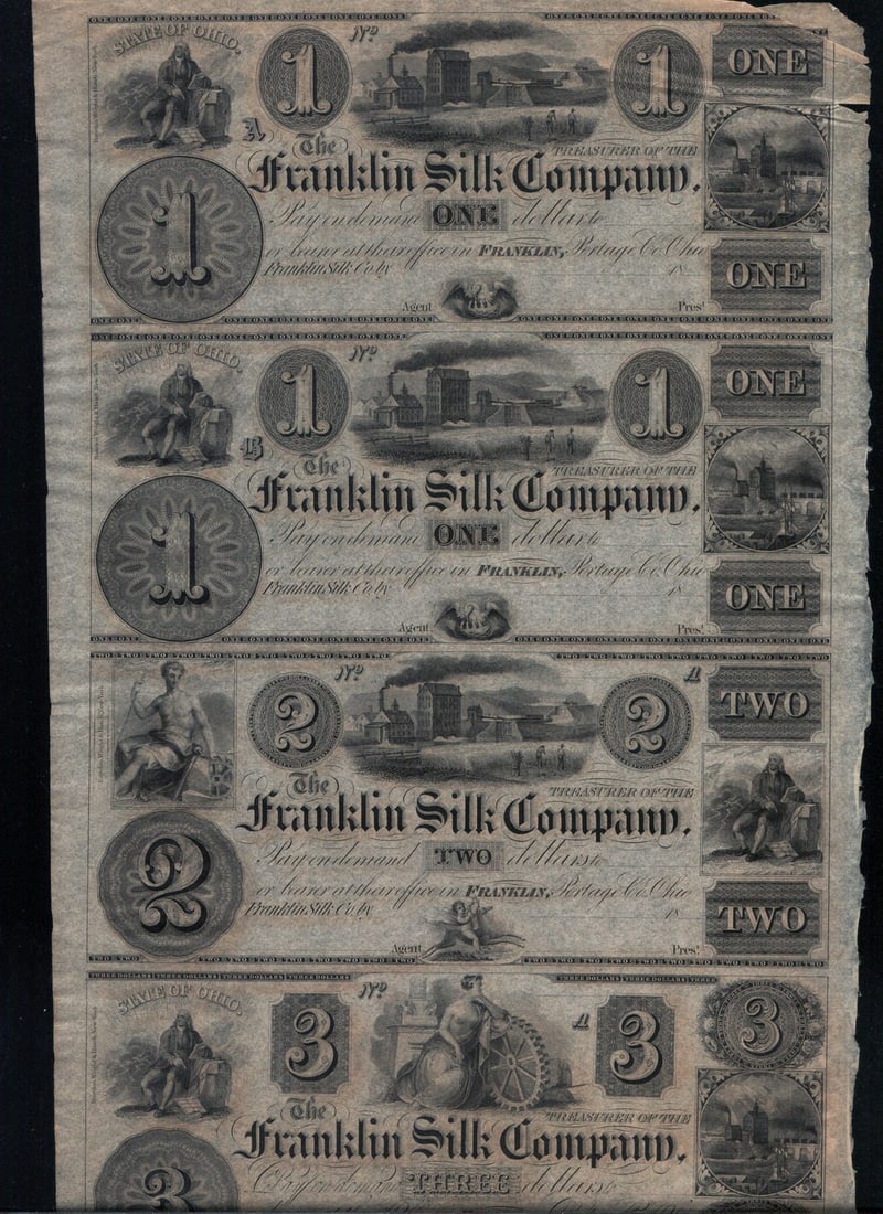 Franklin Silk Company Uncut Sheet Four Unc US Banknotes $1 $1 $2 $3: Franklin Silk Company Uncut Sheet Four Unc US Banknotes $1 $1 $2 $3 This Franklin Silk Company uncut sheet features four uncirculated US notes in denominations of $1, $2, and $3. The sheet is undated 
