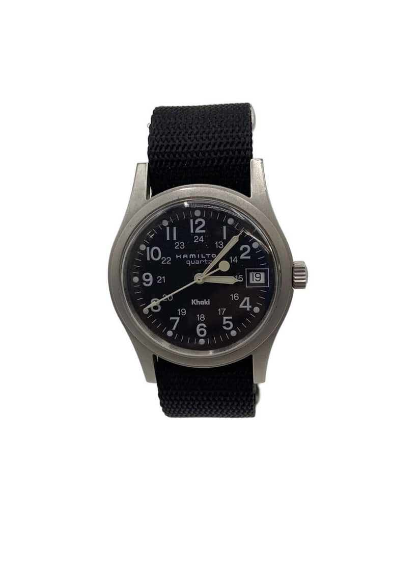 Hamilton Khaki Field Quartz Men's Nylon Wristwatch 9797: Hamilton Khaki Field Quartz Men's Nylon Wristwatch 9797 This Hamilton Khaki Field Quartz 9797 men's wristwatch features a durable nylon strap and a black dial. Crafted in Switzerland, the watch is des