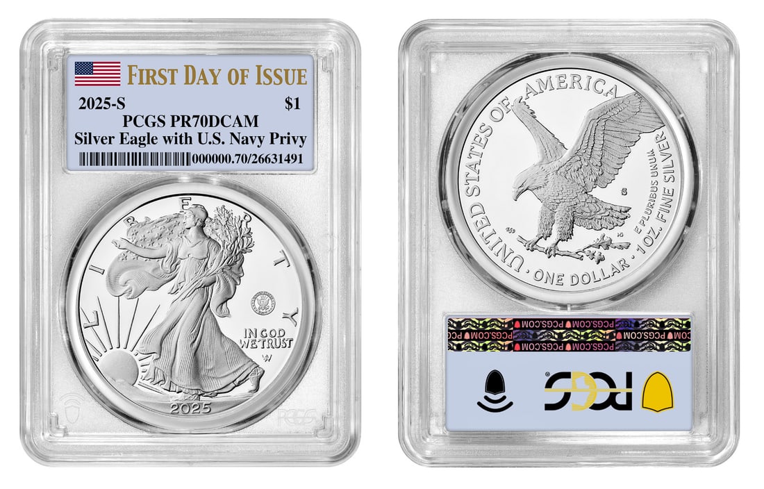 2025-S PR70 Proof American Silver Eagle U.S. Navy Privy PCGS First Day: 2025-S PR70 Proof American Silver Eagle U.S. Navy Privy PCGS First Day This 2025-S Proof American Silver Eagle coin features the U.S. NAVY privy mark and is certified by PCGS with a remarkable PR70 gr