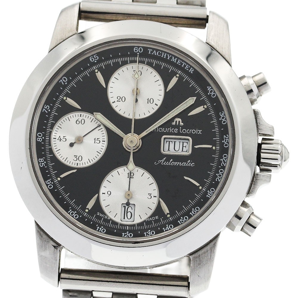 Maurice Lacroix Chroneo Automatic Chronograph Day-Date Watch: Maurice Lacroix Chroneo Automatic Chronograph Day-Date Watch This Maurice Lacroix Chroneo Day-Date Chronograph men's wristwatch features a stainless steel case and belt, with a black and silver dial. 